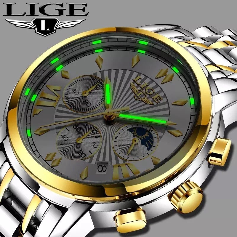 LIGE  Luxury Fashion Business Quartz Waterproof Stainless Steel Watch for Men