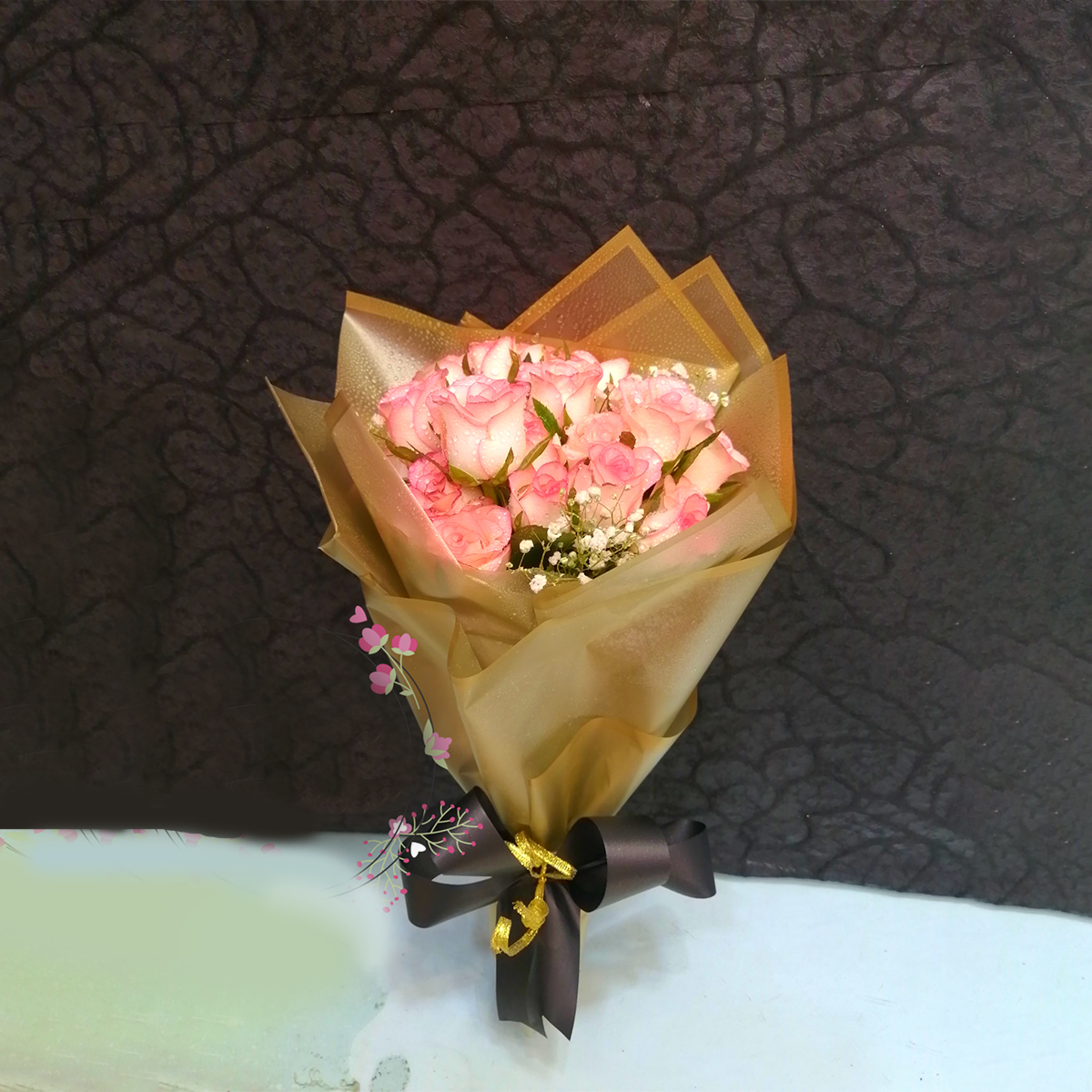 Gold Flower Bouquet of Pink Roses Special gift for wedding