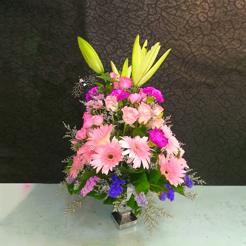 Bouquet of Pink Roses, Lily, Carnation in Ceramic Vase