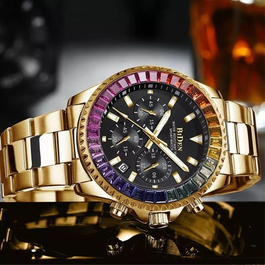 BIDEN Luxury gold watch men top brand 3ATM waterproof classic gold blue Chrono Business Casual  men's wristwatch