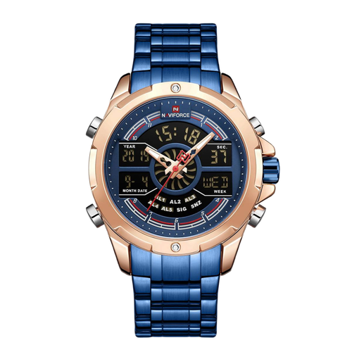 "NAVIFORCE Royal Blue Stainless Steel Dual Time Wrist Watch For Men - RoseGold & Royal Blue "