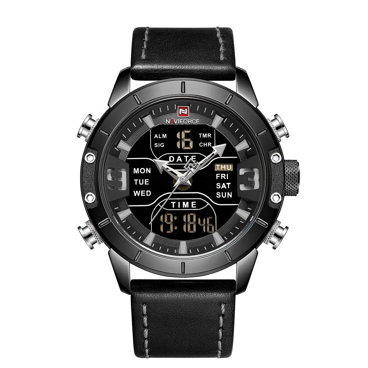 NAVIFORCE Black PU Leather Dual Time Wrist Watch For Men - Black