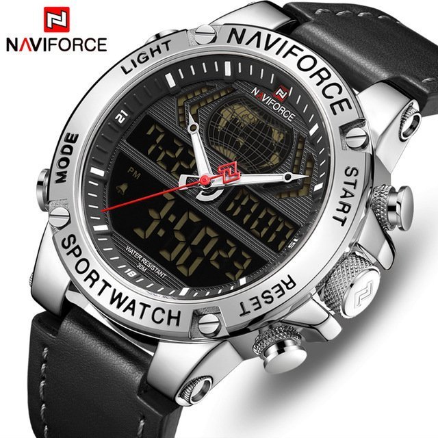 NAVIFORCE Brown PU Leather Dual Time Wrist Watch For Men- S/B/Black