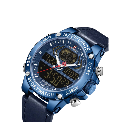 NAVIFORCE  Navy Blue PU Leather Dual Time Wrist Watch For Men - Royal Blue and Navy Blue