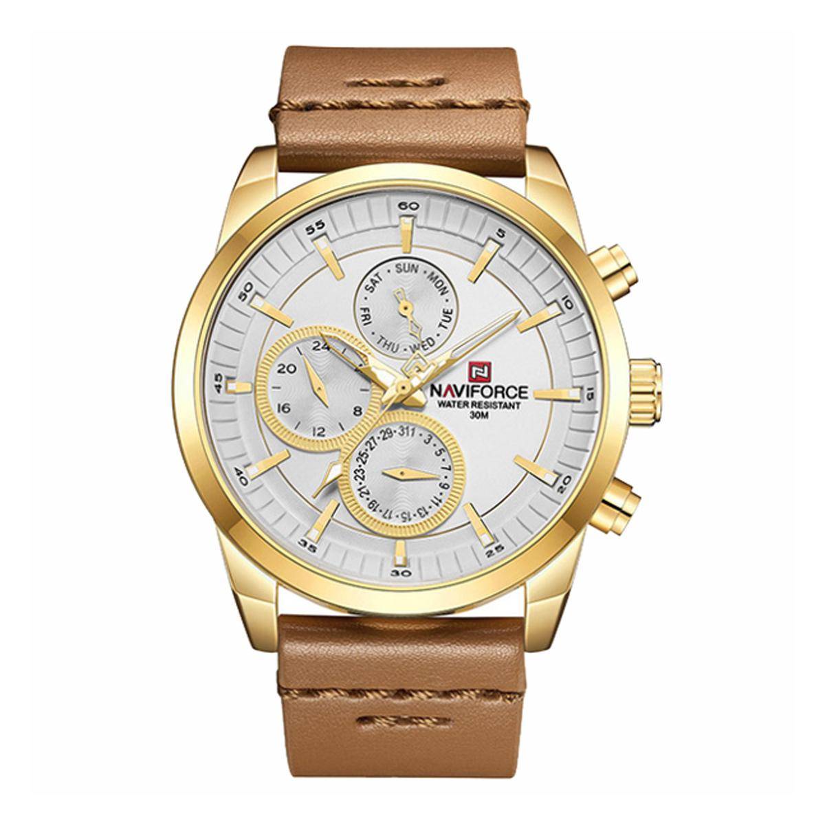 NAVIFORCE Brown PU Leather Chronograph Watch For Men - Golden & Brown