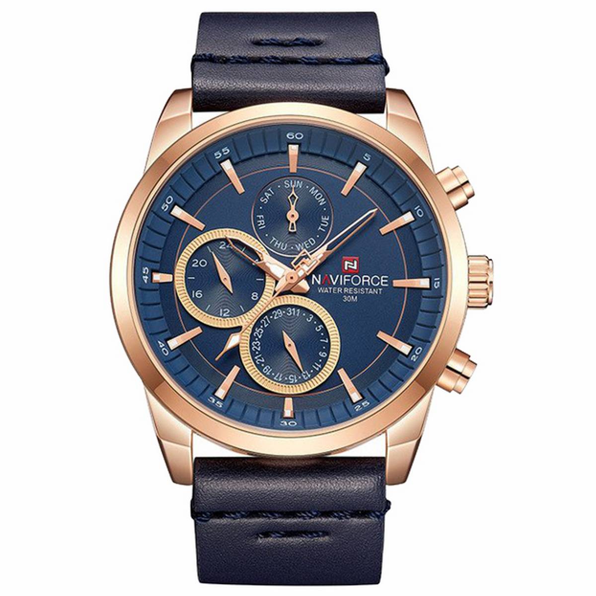 NAVIFORCE Navy Blue PU Leather Chronograph Watch For Men - RoseGold & Navy Blue
