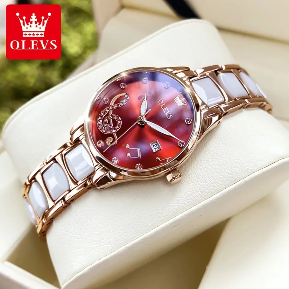 "Olevs  Rose Gold Ceramics Watchstrap Analog Wrist Watch For Women - Red & Rose Gold "