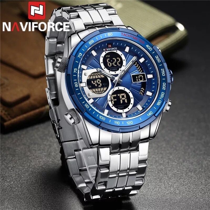 NAVIFORCE 9197 Top Brand Luxury Stainless Steel Blue Casual Men Watch Digital Male Clock Military Sport Man Wristwatch-Silver Blue