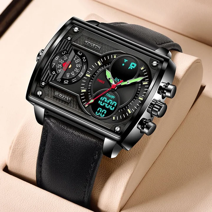 FOXBOX® Pri Montre Top Brand Black Luxury Men Leather Watch Dual Dial