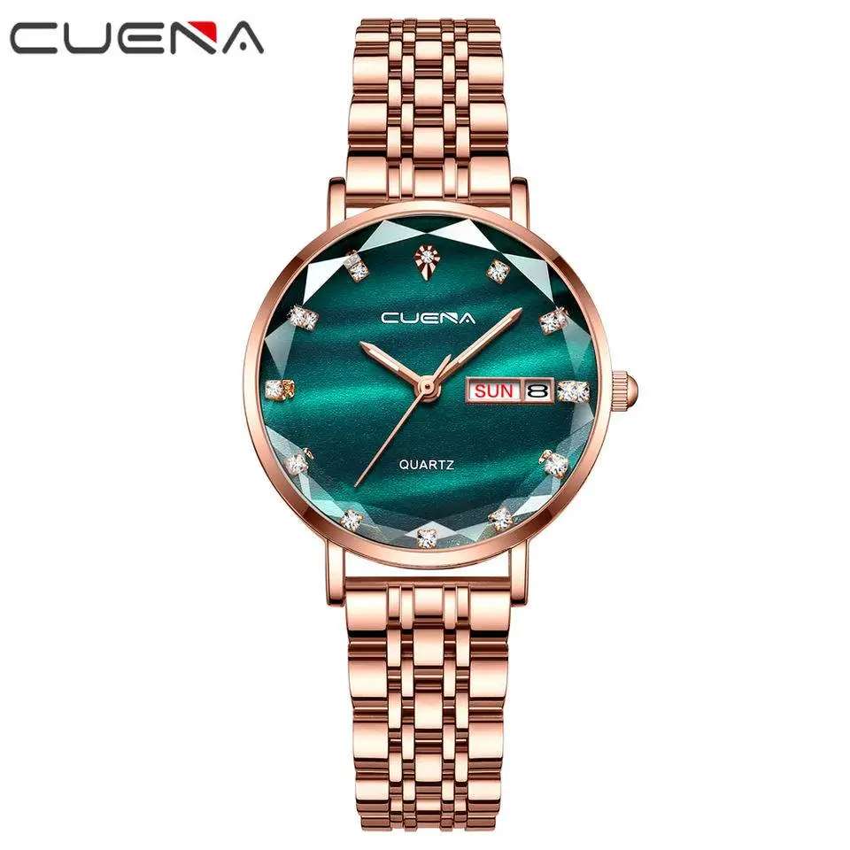 CUENA  Luxury Women Top Brand Date Rhinestone  Rose Gold & Green Wrist Watches