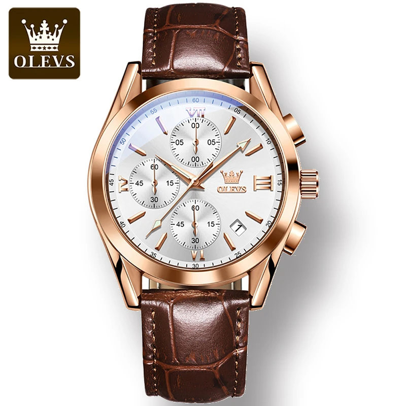 OLEVS Luxury Fashion Waterproof Clock Brown Leather Sports Wrist Watch (White)