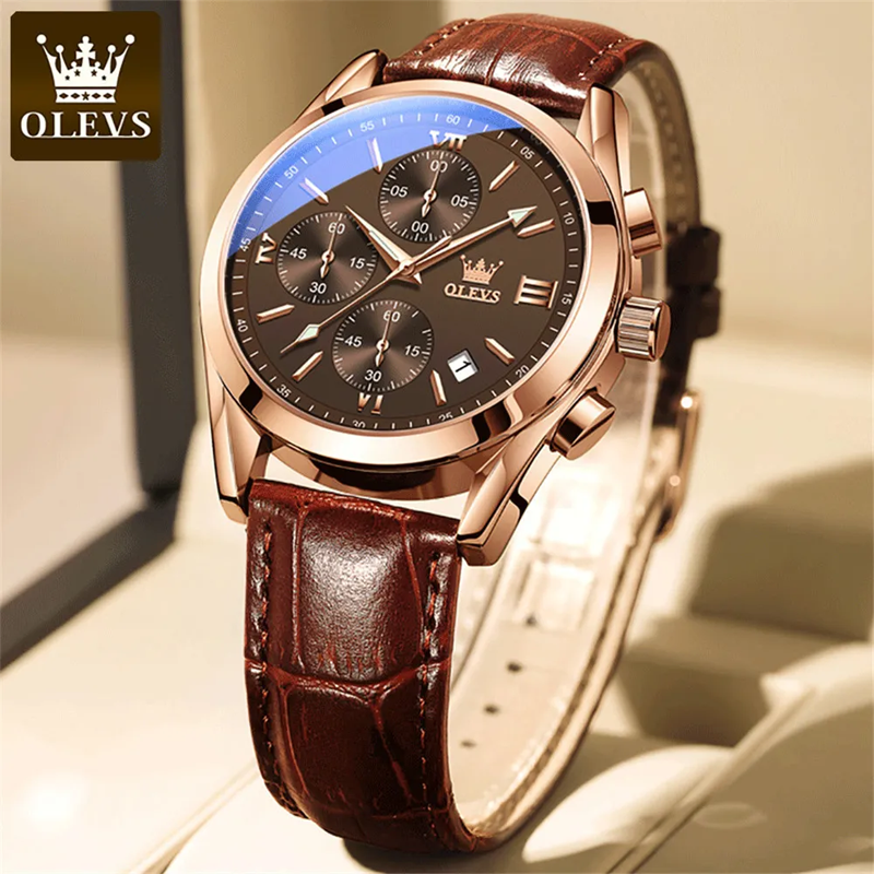 OLEVS Luxury Fashion Waterproof Clock Brown Leather Sports Wrist Watch (Brown)