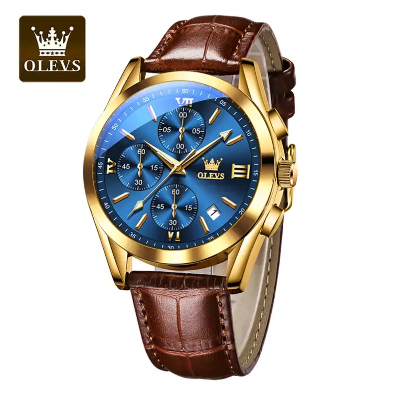 OLEVS Luxury Fashion Waterproof Clock Brown Leather Sports Wrist Watch (Blue)