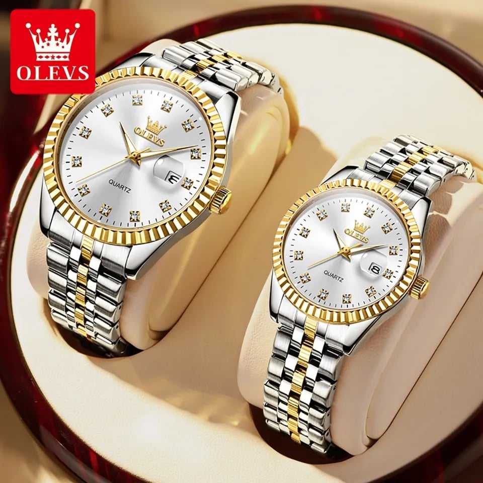 OLEVS High Quality Luxury Quartz Couple watch- Silver & Gold